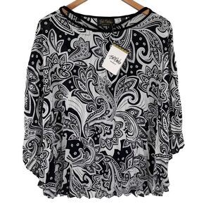 Bob Mackie Wearable Art Paisley Pleated Caftan Top Women Small Black White NWT